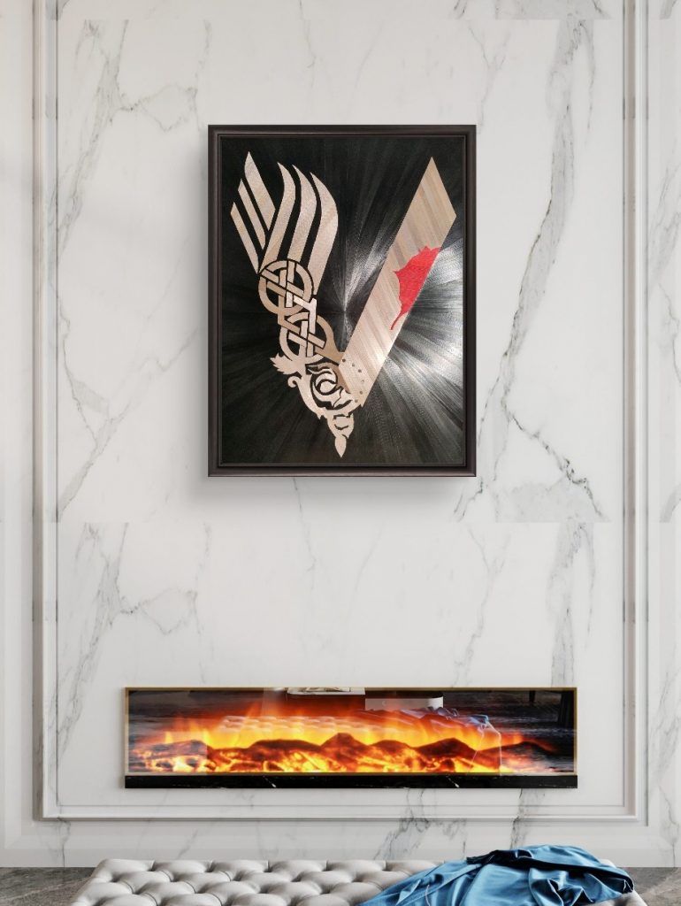 Tableau du logo de la série Vicking en marqueterie de paille de seigle