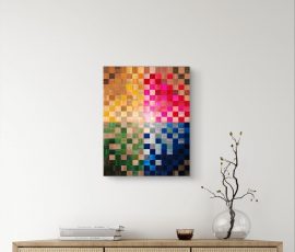 tableau mosaïque dégradé de vert, jaune, rose, bleu, en marqueterie de paille