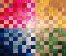tableau mosaïque dégradé de vert, jaune, rose, bleu, en marqueterie de paille