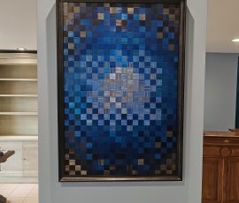 tableau mosaïque dégradé de bleu et gris en marqueterie de paille